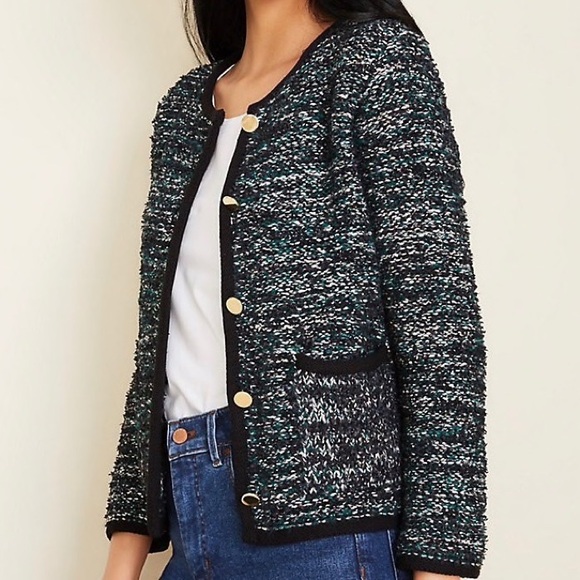 Ann Taylor Textured Knit Cardigan Sweater Black Green Gold Button Pockets Size S